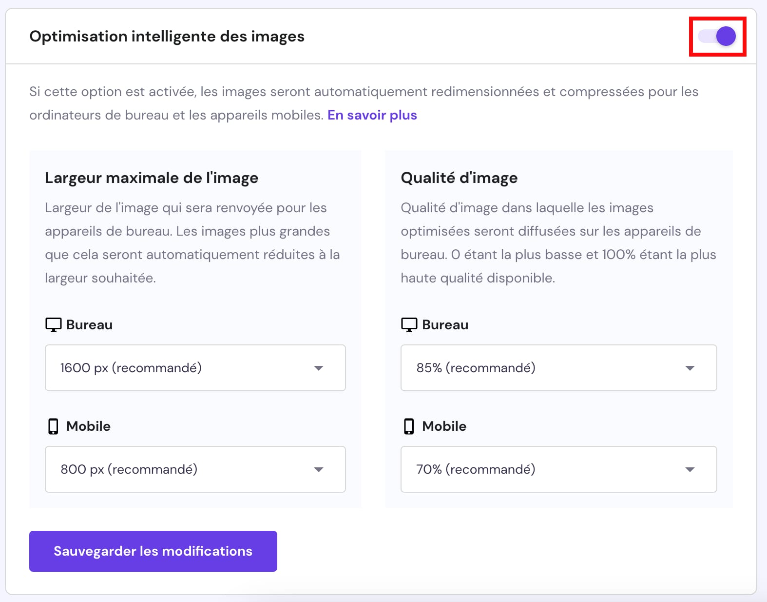 Option permettant de redimensionner et de compresser automatiquement les images pour les ordinateurs de bureau et les appareils mobiles