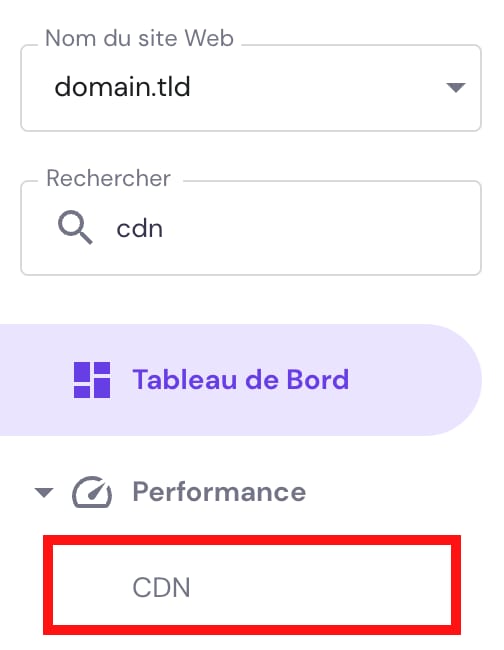 Paramètres CDN dans le tableau de bord d'hébergement du site web