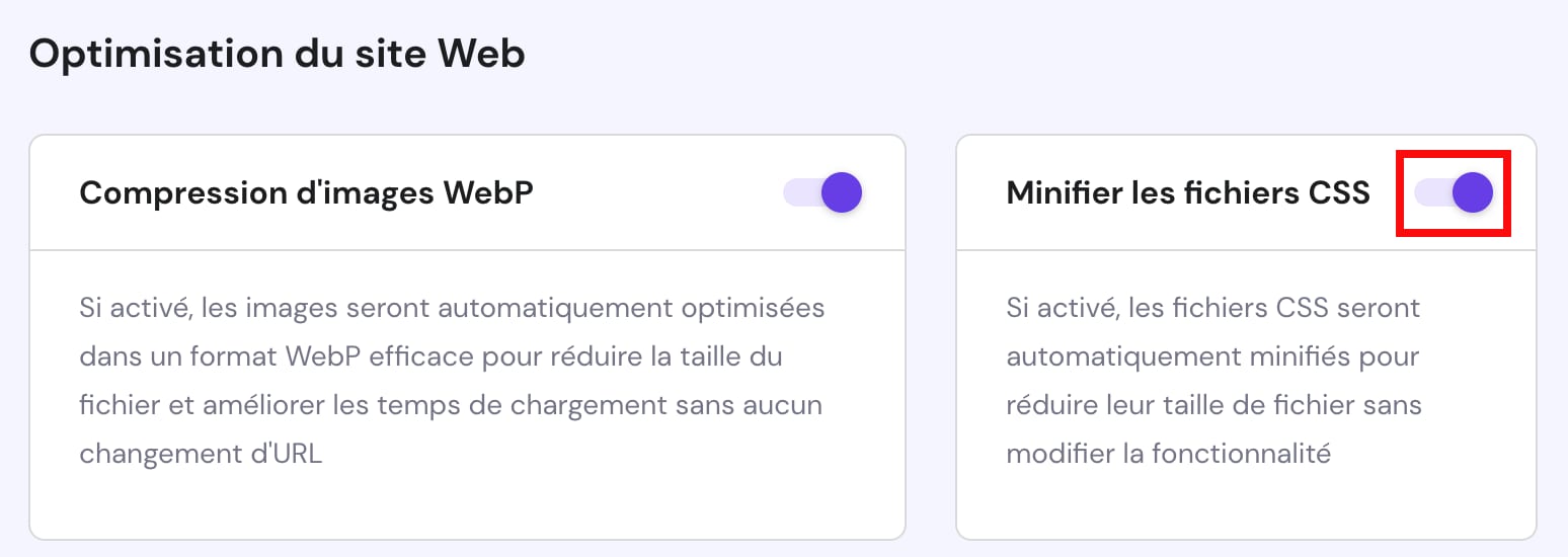 L'option de minification des fichiers CSS du site web