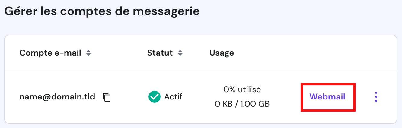 Le bouton Webmail pour accéder à un compte de messagerie dans Hostinger Email