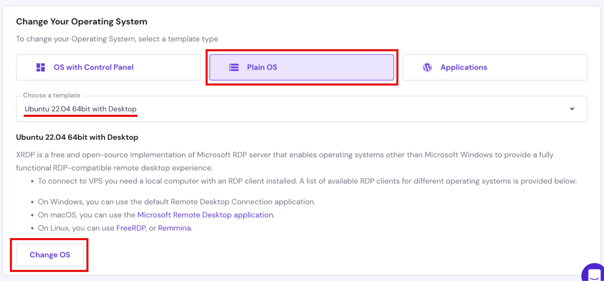 Sélection du modèle de système d'exploitation Ubuntu 22.04 64bit avec bureau