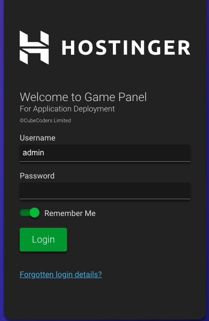 The Game Panel login page