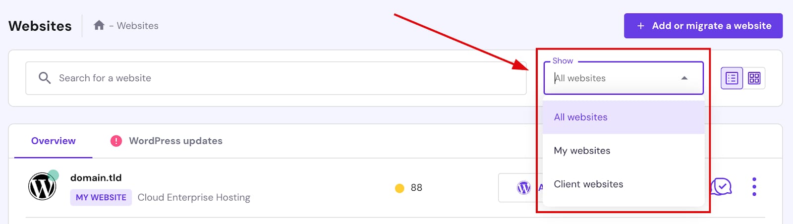 The Show websites filter in the Websites section at Hostinger