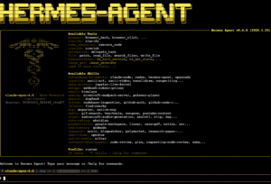 Interface Hermes Agent affichant outils et compétences disponibles sur fond noir
