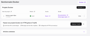 Gestionnaire Docker avec projet hermes-agent-6jee actif et bouton Déployer Traefik mis en avant