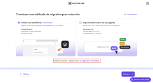 Choisissez une méthode de migration : utiliser les identifiants ou importer les fichiers de sauvegarde.