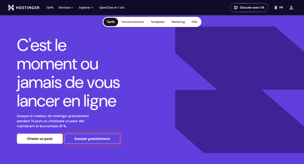 Créateur de sites Hostinger avec bouton « Essayer gratuitement » et essai gratuit de 7 jours sans carte bancaire