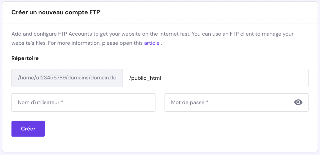 créer un nouveau compte FTP sur hPanel