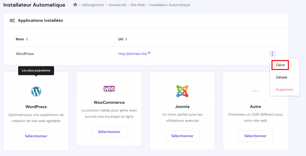 Gérer le site WordPress sous la section applications installées