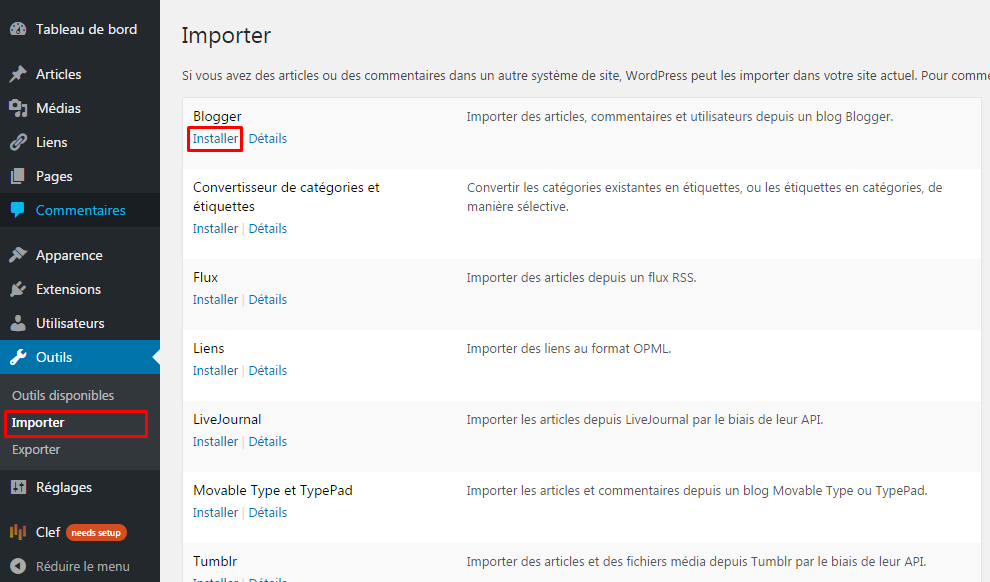 importer outils wordpress
