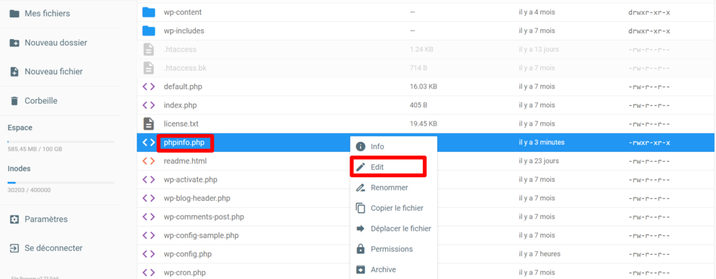 modifier le fichier phpinfo dans hpanel