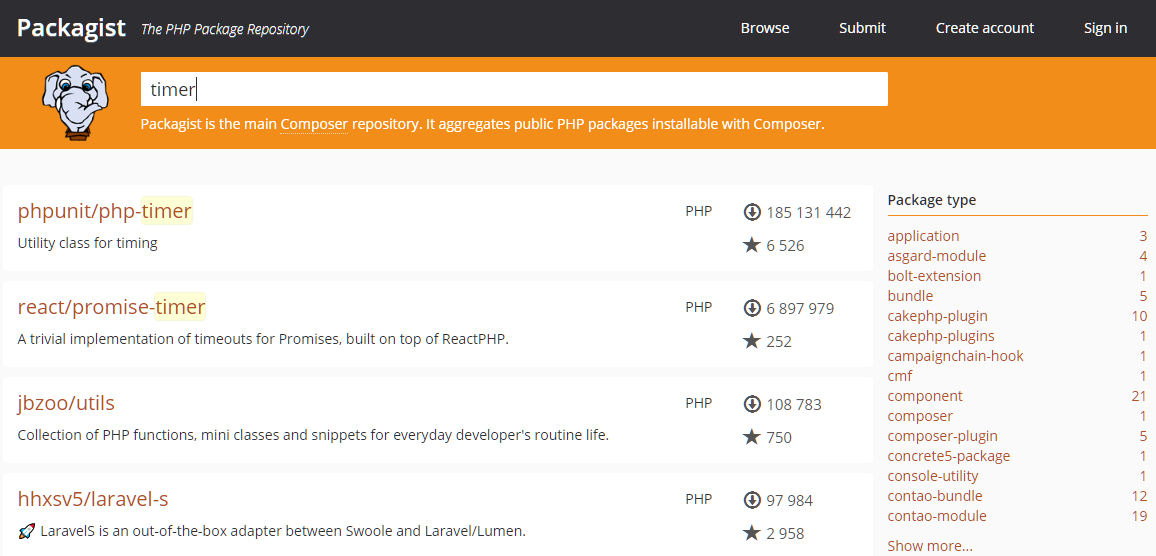 L'interface du site Packagist où vous pouvez télécharger les dépendances pour Composer