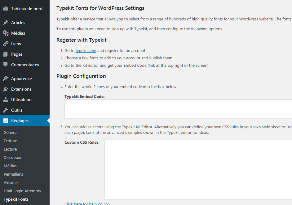 L'interface du plugin Typekit Fonts sur WordPress