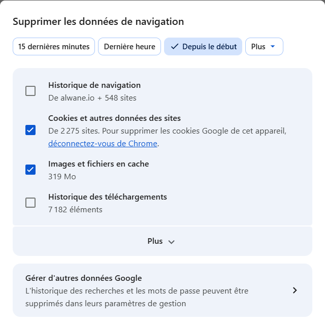 La boîte de dialogue Supprimer les données de navigation dans Google Chrome
