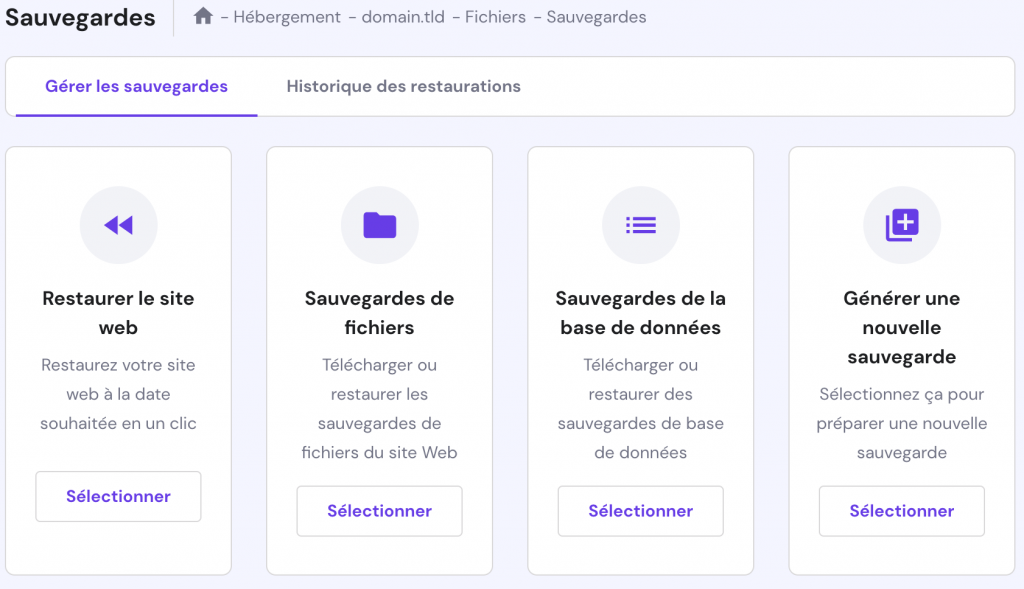 La page Sauvegardes sur hPanel