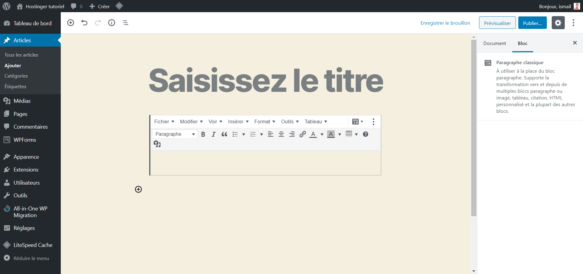 Créer un nouveau article dans WordPress avec le plugin Tinymce Advanced installé