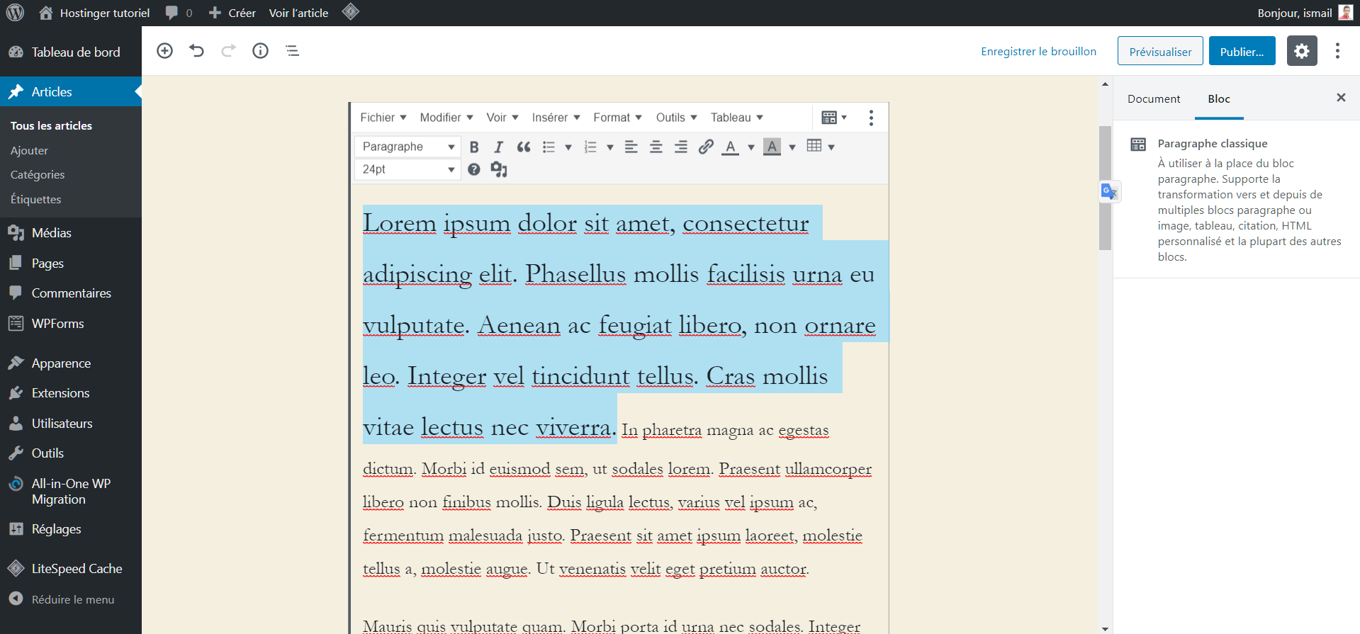 Le résultat après un changement de taille de police