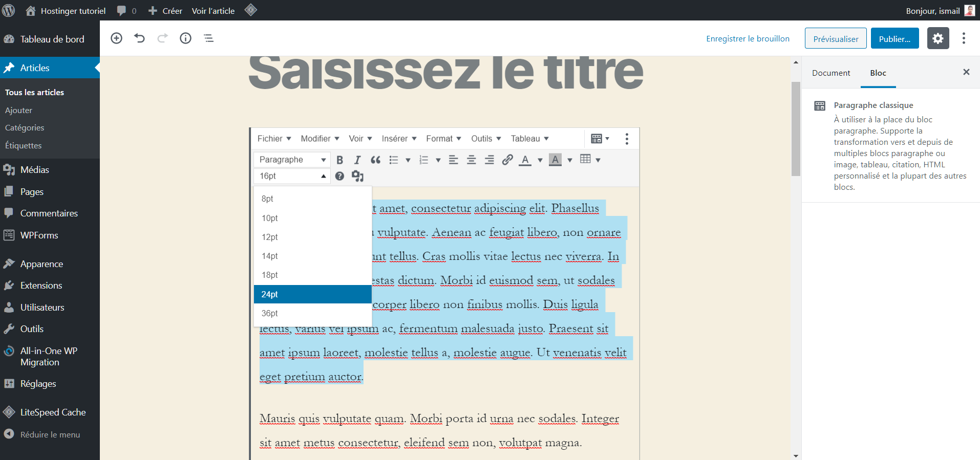 Sélectionner les lignes de texte avant de modifier la taille des caractères