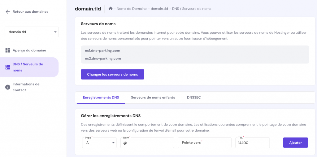 Options de serveurs de noms sur hPanel
