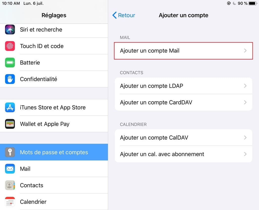 Ajouter un compte Mail dans la page des Réglages iOS