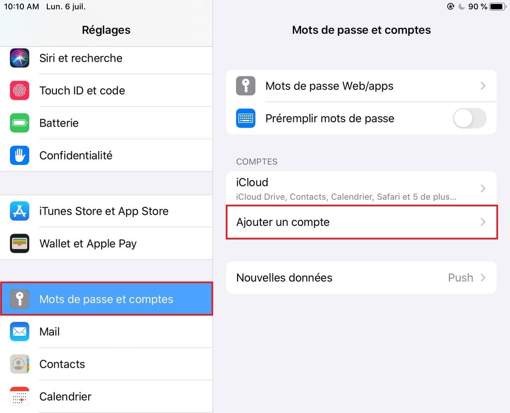 Ajouter un nouveau compte dans iOS