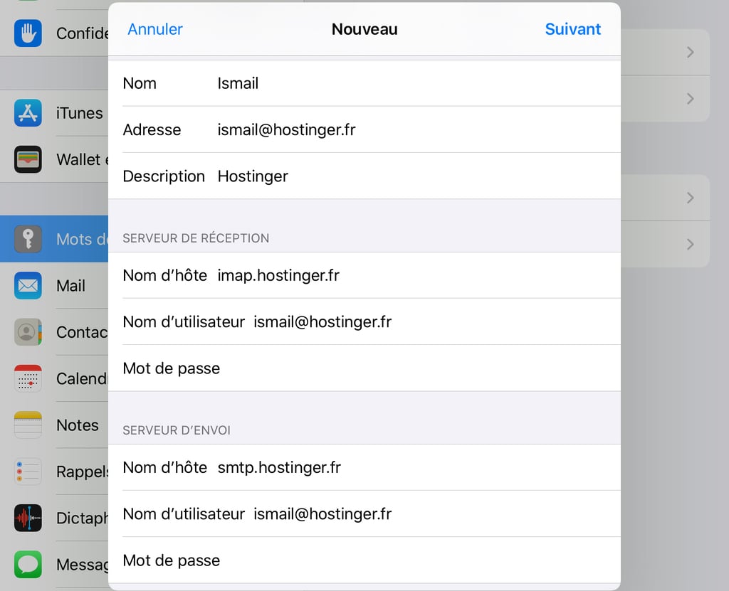 Configuration des hôtes IMAP et SMTP