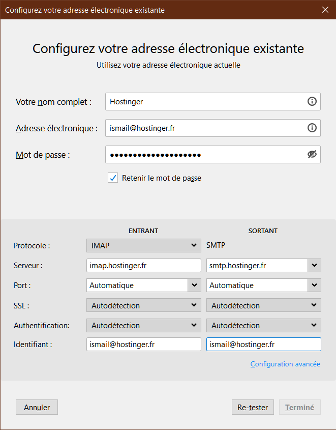 Création d'un nouveau compte email avec Mozilla Thunderbird.