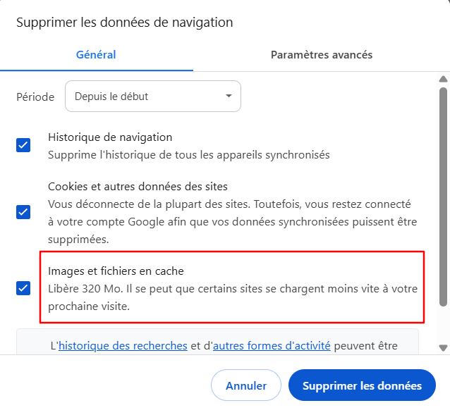 Images et fichiers en cache sous la fenêtre Supprimer les données de navigation de Google Chrome