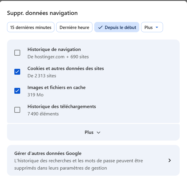 la fenêtre contextuelle Supprimer les données de navigation