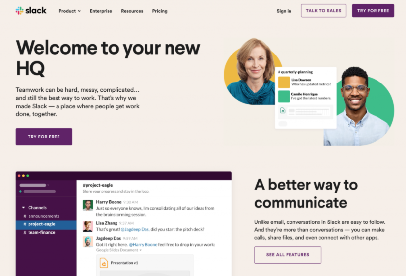 site-Web-de-Slack Capture d'écran du site Web de Slack