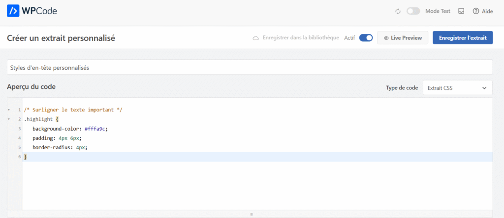 L'éditeur WPCode affiche un nouvel extrait CSS personnalisé dans la zone de prévisualisation du code.