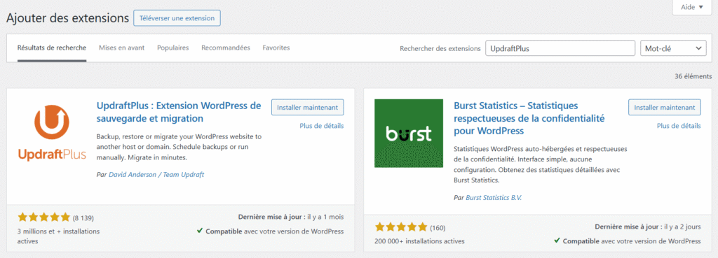 Résultats de recherche du plugin UpdraftPlus dans le répertoire officiel WordPress.