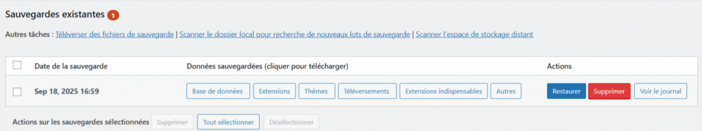 La section Sauvegardes existantes du tableau de bord du plugin UpdraftPlus.