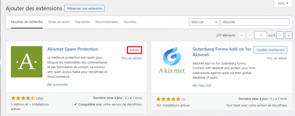 Activer le plugin wordpress askimet 