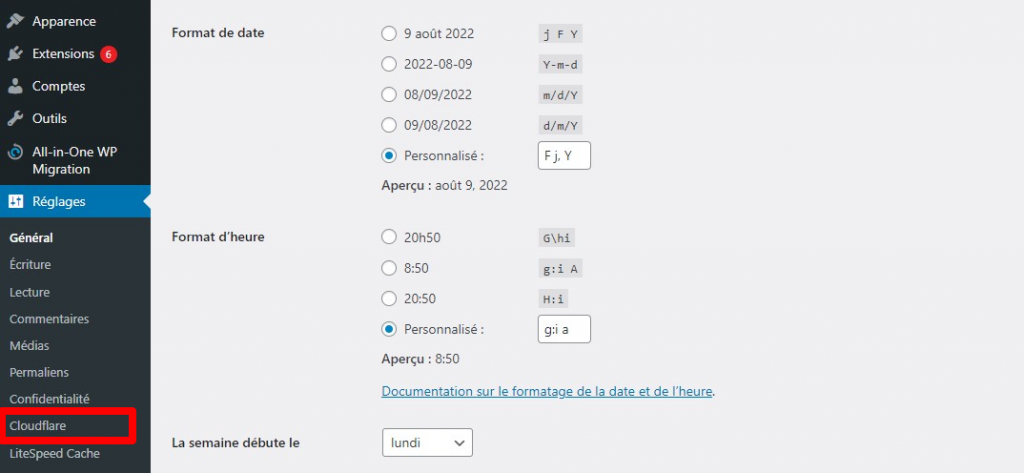 Sélectionner Cloudflare sur la page des réglages sur WordPress