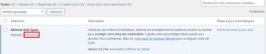 Désactiver un plugin WordPress