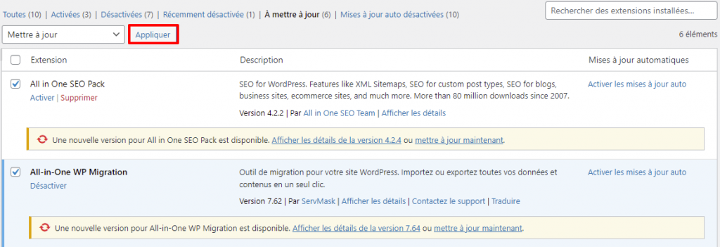 mettre à jour manuellement plusieurs extensions WordPress