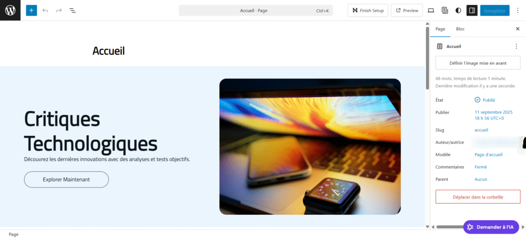 Écran de l'éditeur de blocs IA du Site de marketing d'affiliation créé par Hostinger