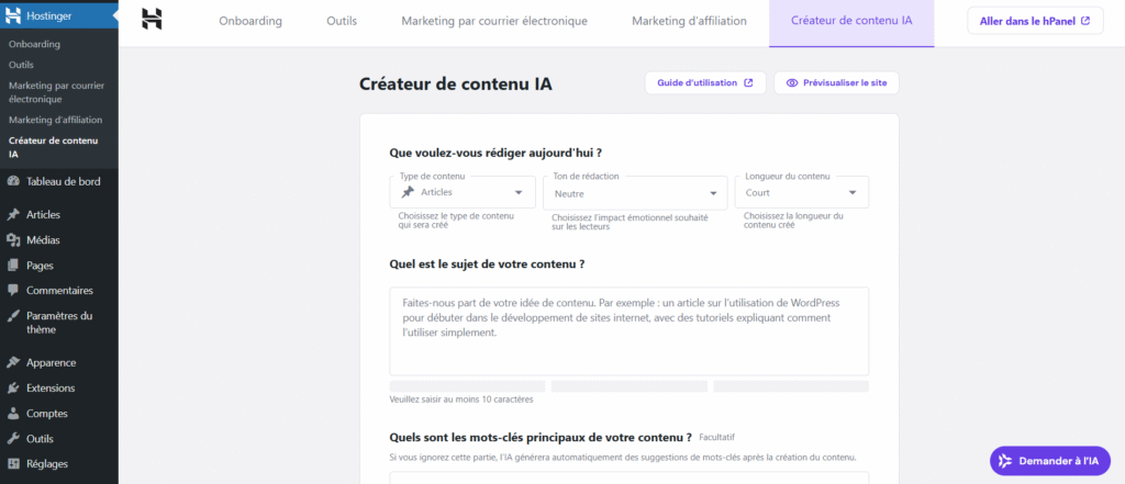 Le tableau de bord WordPress affichant le créateur de contenu IA d'Hostinger