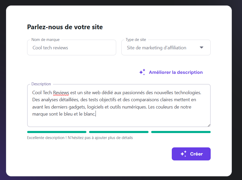 Écran de création de site Web Hostinger IA pour site de marketing d'affiliation