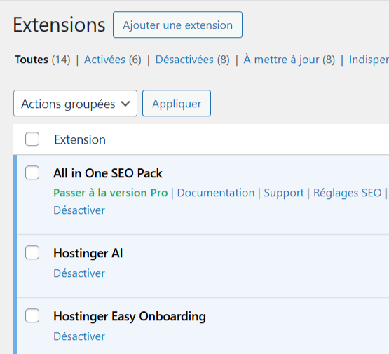 Tableau de bord des extensions dans WordPress