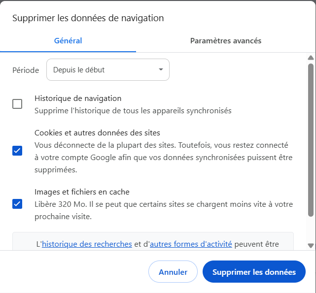 Les options permettant de supprimer l'historique de navigation, les fichiers cache et les cookies dans Chrome