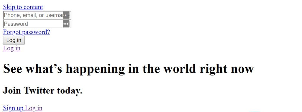 Exemple du site web Twitter sans CSS