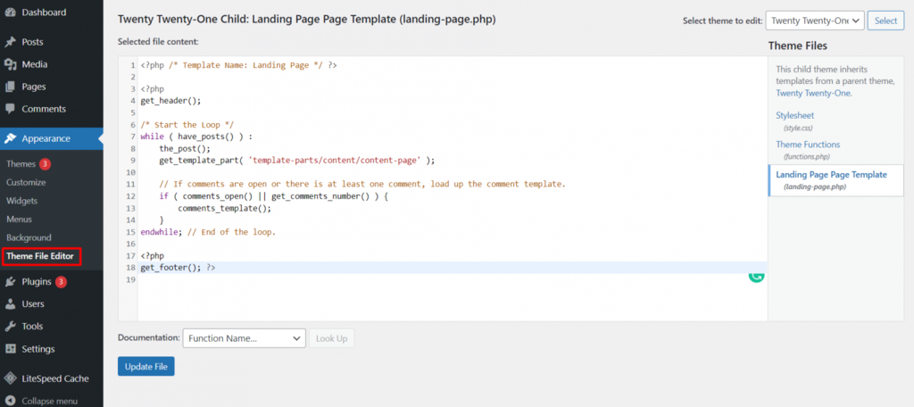 L'éditeur de fichiers du thème qui vous permet de modifier le code de votre thème enfant, y compris les fonctions du thème et les pages personnalisées.