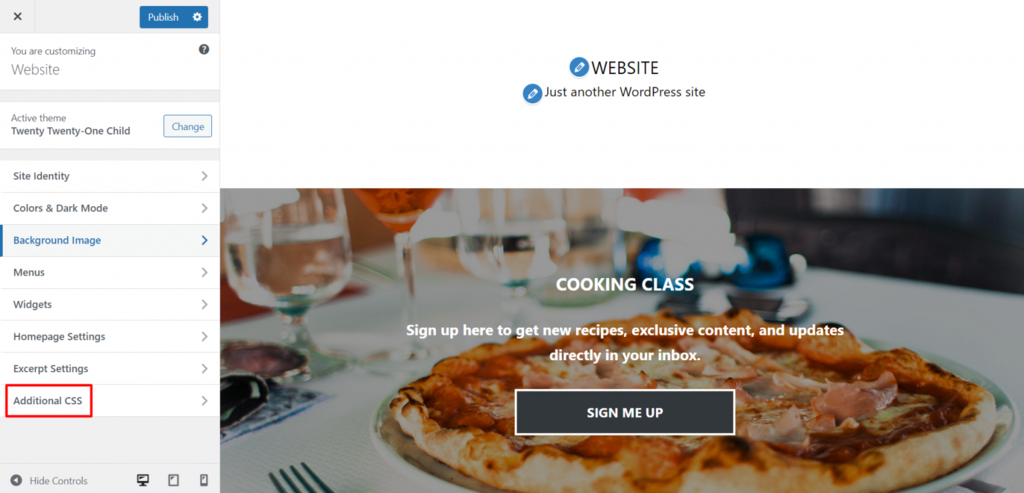 La page Personnaliser de WordPress, qui dispose de l'option CSS supplémentaire pour modifier les composants de votre landing page 