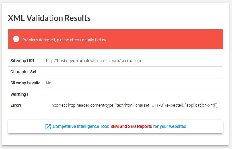 La fenêtre des résultats de la validation XML indiquant qu'un problème a été détecté.