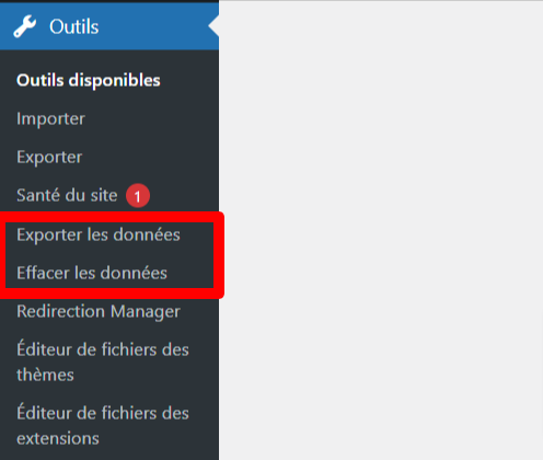 barre-d-outils-WordPress Paramètres d'exportation et d'effacement des données personnelles de WordPress