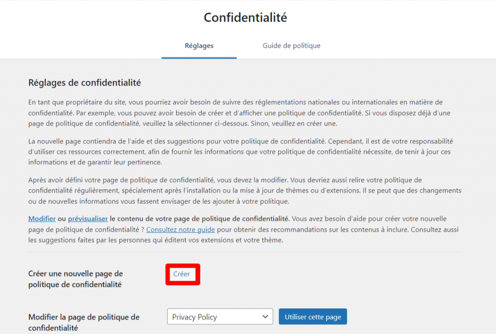 page-WordPress-de-Confidentialité La page WordPress de Confidentialité, montrant où cliquer sur Créer