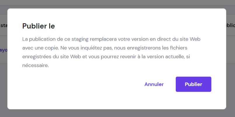Une fenêtre contextuelle d'avertissement pour confirmer la publication du contenu staging