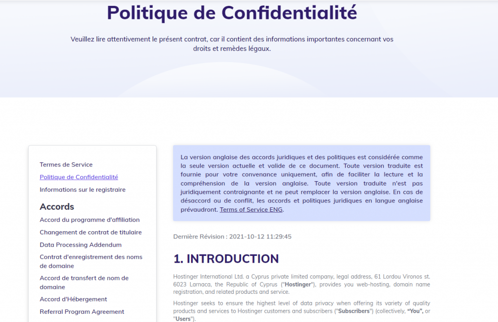 politique-de-confidentialité-hostinger La page de politique de confidentialité de Hostinger